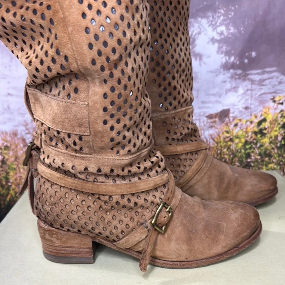 A.S.98 Tan Perforated Over-the-Knee Suede Boots